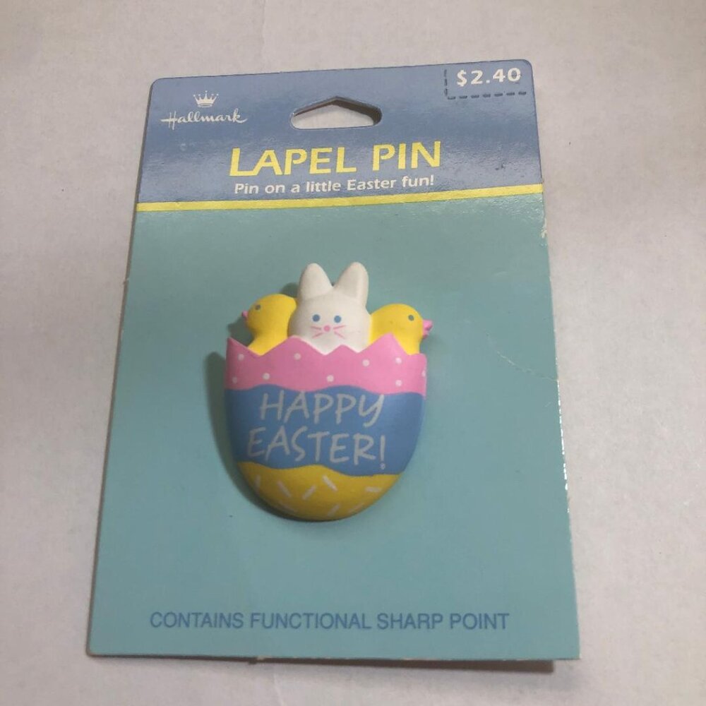 Hallmark Lapel Pin Brooch Chicks and Bunny in Happy Easter Egg New Vintage